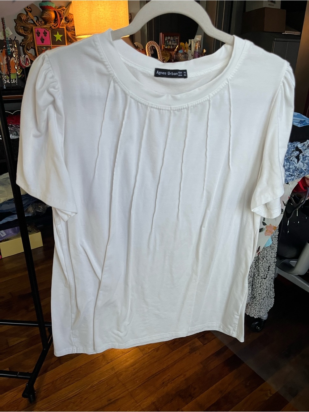 White Pleated Short Sleeve Women's Top